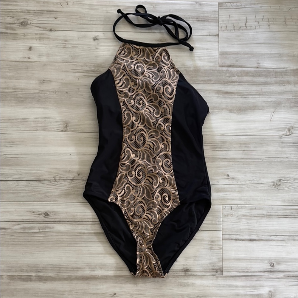 Black and Gold Halter Swimsuit